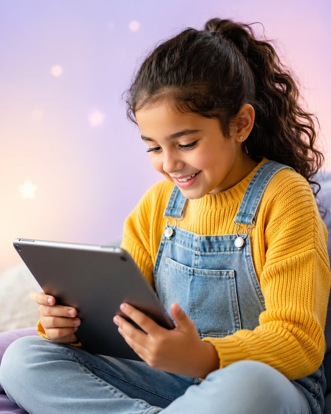 Smiling child learning math on a tablet